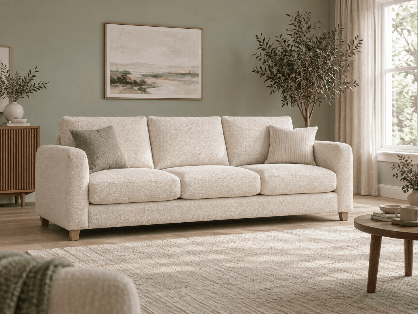 Cream fabric three-seater sofa