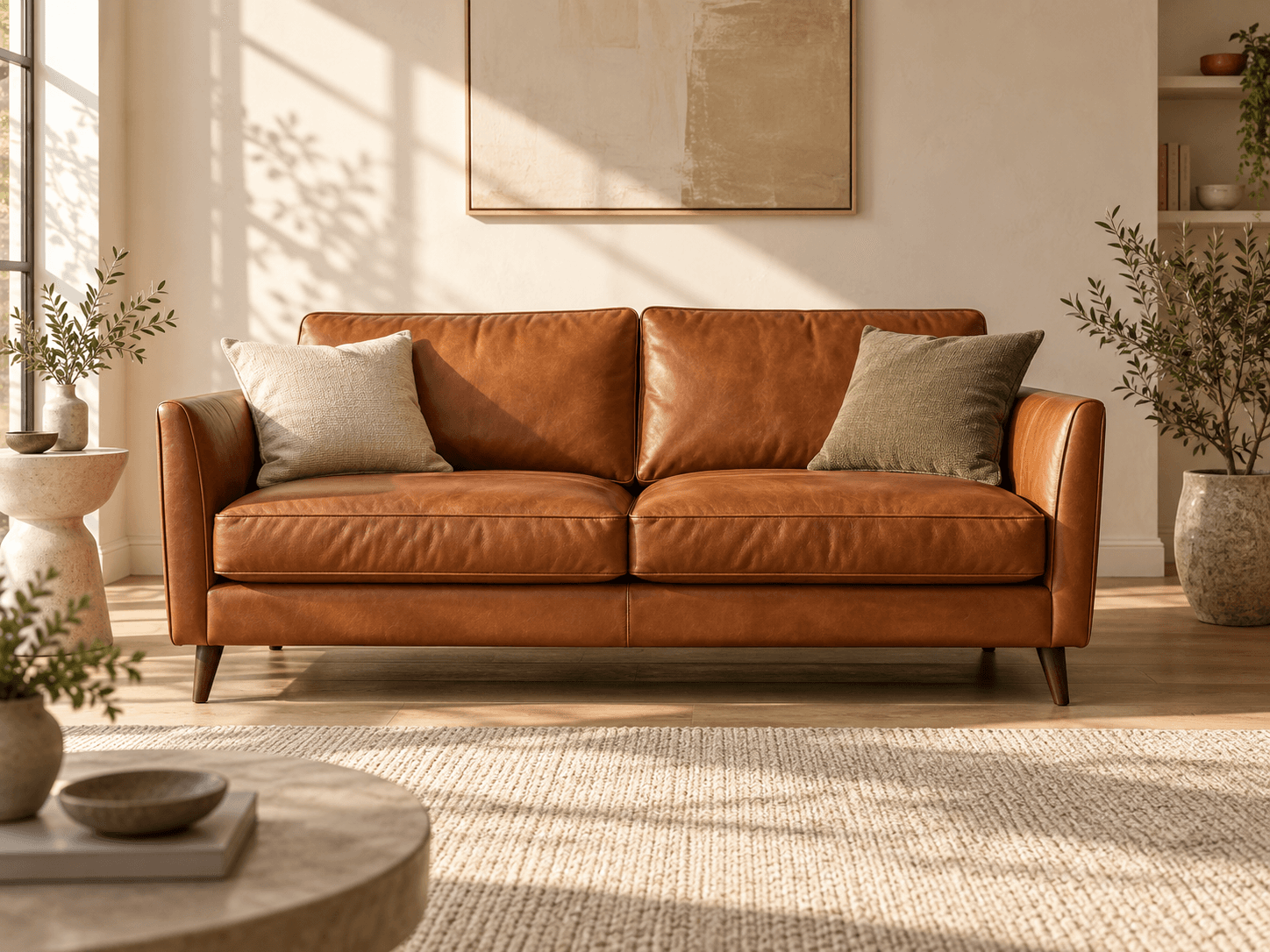 Tan leather two-seater sofa